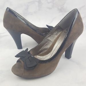 Sofft Brown Faux Suede Bow Peep Toe Heel Pumps